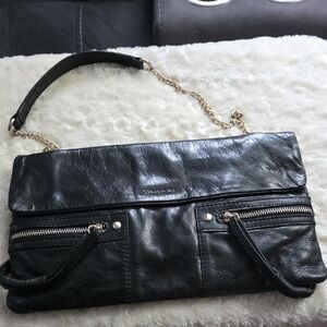 Tahari Black Leather Foldover Shoulder Bag with Chain Strap